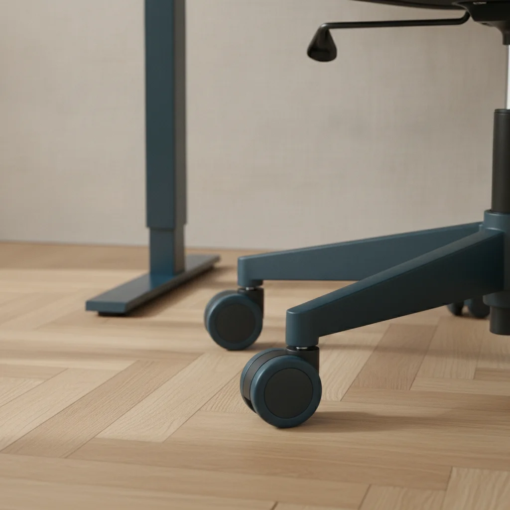 Pièce de travail épurée avec plateau en bois clair aligné face à l'entrée