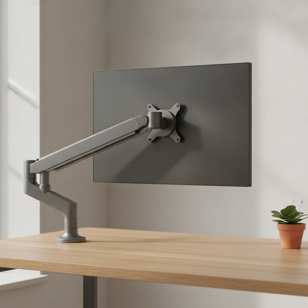 Scène épurée d'un poste de travail à domicile organisé autour d'un moniteur et de ses accessoires