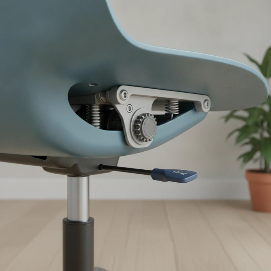 Détail du système de réglage en hauteur dissimulé sous une assise de bureau