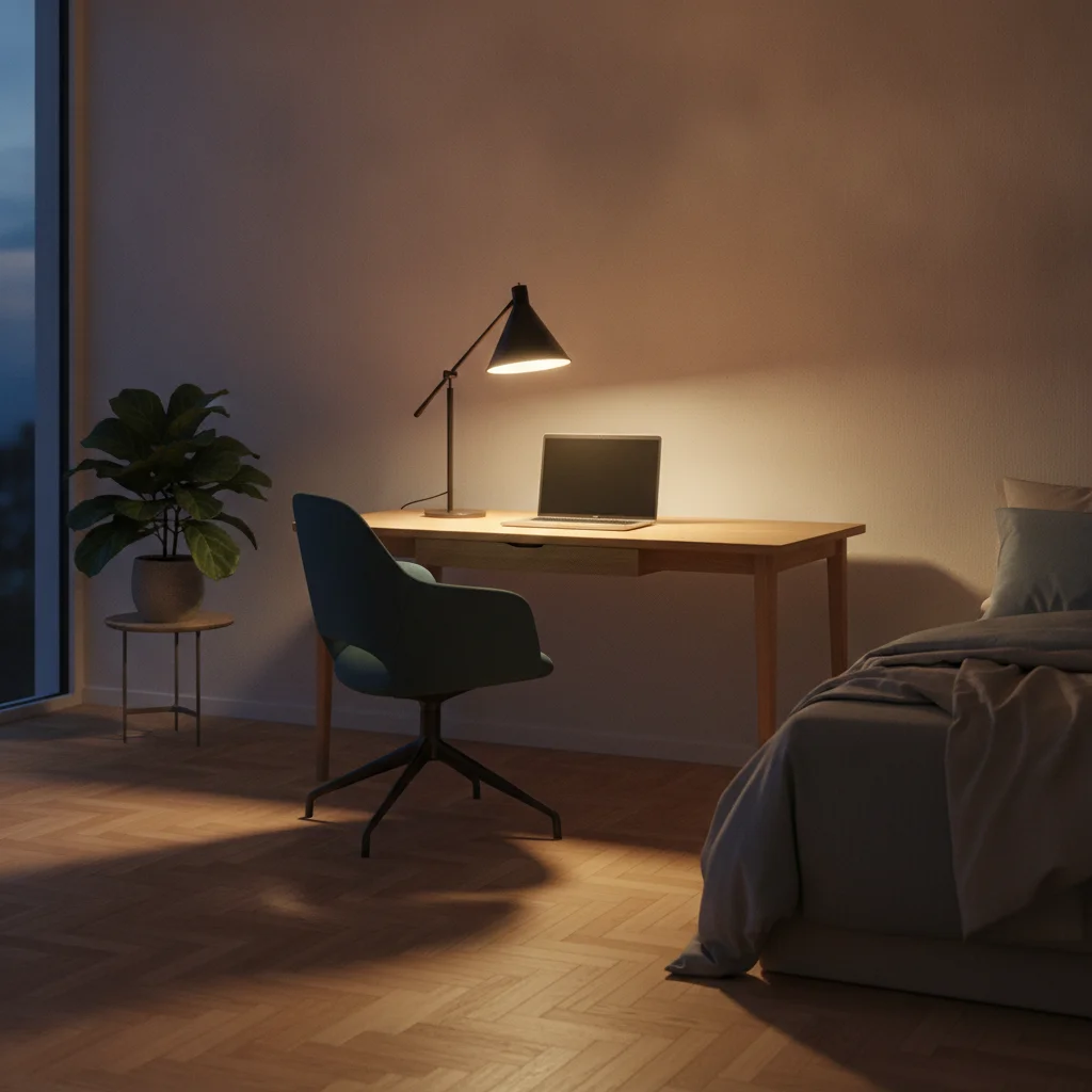 Coin de travail sobre installé dans un angle de pièce à vivre