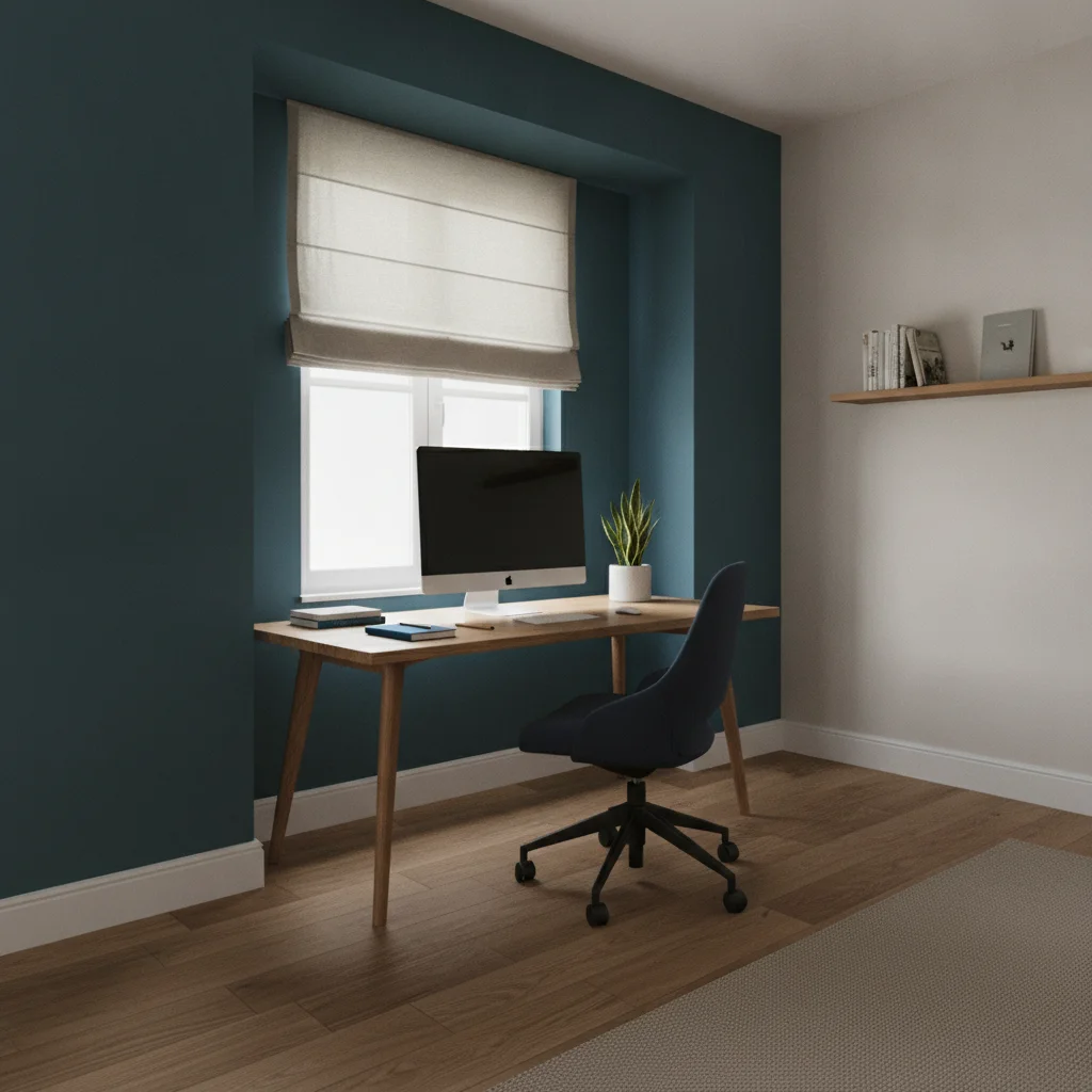 Plan de travail en bois clair positionné à hauteur d'assise, baigné de lumière naturelle