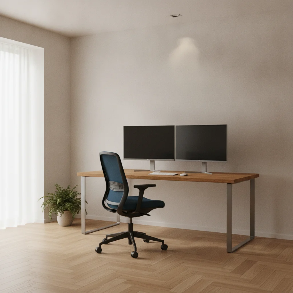 Poste de travail épuré avec moniteur positionné à hauteur des yeux